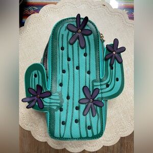 Adorable Cactus Shaped Green Crossbody Purse with Purple Flowers